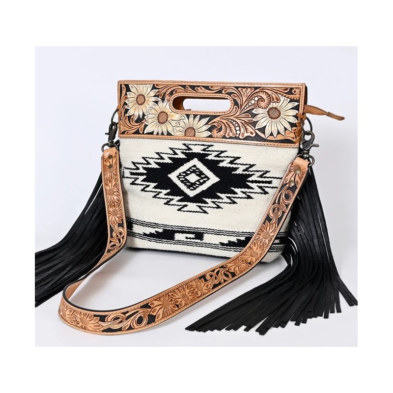 American Darling Aztec Wool & Tooled Leather Shoulder Bag - Western Fringe Crossbody