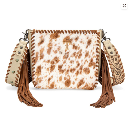 Trinity Ranch Cowhide Fringe Crossbody Bag / Tan