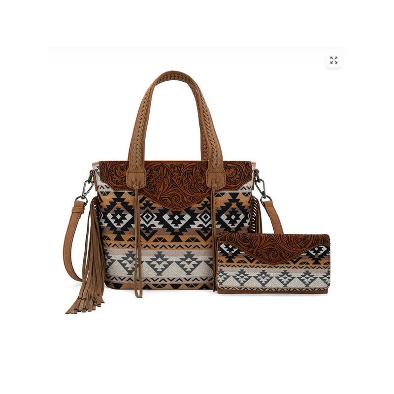 Montana West Tooled Aztec Tote/Crossbody with Wallet Set - Brown