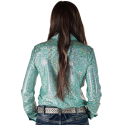 Cowgirl Tuff Pullover Button Up Mint Holographic Foil Lightweight Stretch