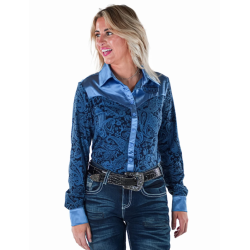 Cowgirl Tuff Pullover Button Up Navy & Blue Paisley Jersey with Blue Satin