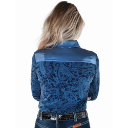 Cowgirl Tuff Pullover Button Up Navy & Blue Paisley Jersey with Blue Satin