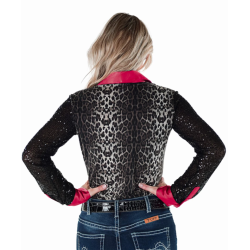 Cowgirl Tuff Pullover Button Up Leopard Jersey with Red Accents