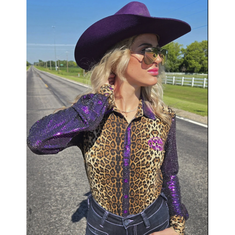 Cowgirl Tuff Pullover Button Up Leopard Jersey with Purple Sequin Sleeves