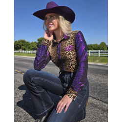 Cowgirl Tuff Pullover Button Up Leopard Jersey with Purple Sequin Sleeves