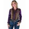 Cowgirl Tuff Pullover Button Up Leopard Jersey with Purple Sequin Sleeves