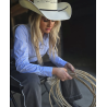 Cowgirl Tuff Pullover Button Up Light Blue & Gray Pinstripes with tiny crystals
