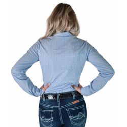 Cowgirl Tuff Pullover Button Up Light Blue & Gray Pinstripes with tiny crystals