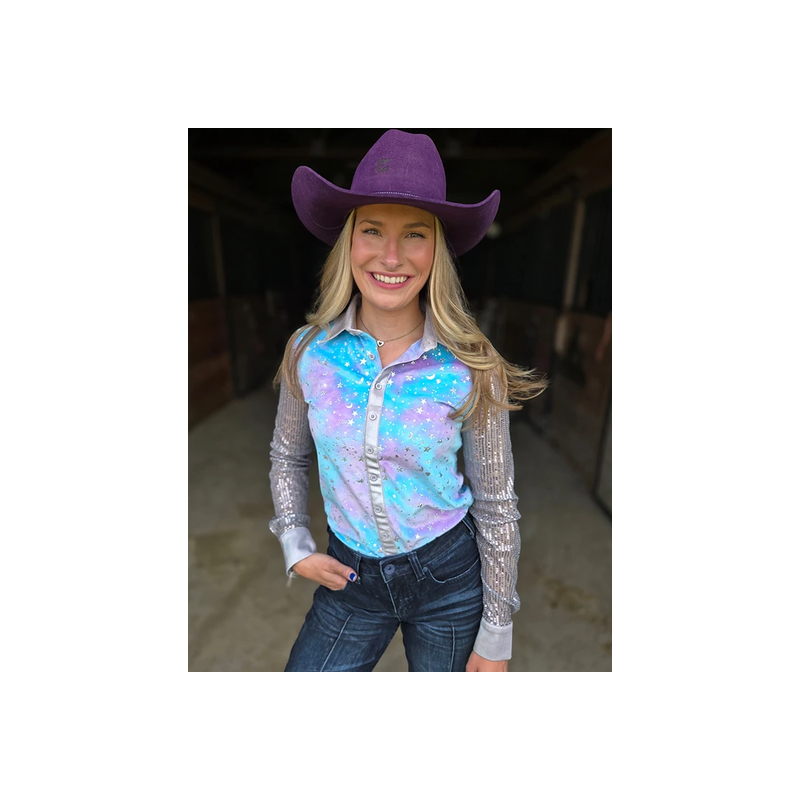 Cowgirl Tuff Pullover Button-Up : Purple & Teal Tie Dye Velour with Silver Stars Sparkles & Silver Sequin Sheer Sleeves
