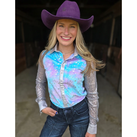 Cowgirl Tuff Pullover Button-Up : Purple & Teal Tie Dye Velour with Silver Stars Sparkles & Silver Sequin Sheer Sleeves