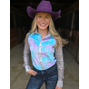 Cowgirl Tuff Pullover Button-Up : Purple & Teal Tie Dye Velour with Silver Stars Sparkles & Silver Sequin Sheer Sleeves