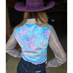 Cowgirl Tuff Pullover Button-Up : Purple & Teal Tie Dye Velour with Silver Stars Sparkles & Silver Sequin Sheer Sleeves