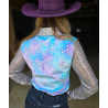 Cowgirl Tuff Pullover Button-Up : Purple & Teal Tie Dye Velour with Silver Stars Sparkles & Silver Sequin Sheer Sleeves