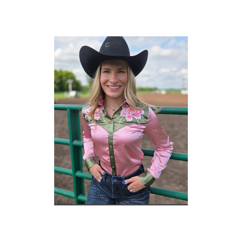 Cowgirl Tuff Pullover Button-Up : Champagne Pink with Moss Green Satin with Embroidered Flowers