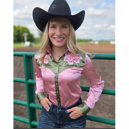 Cowgirl Tuff Pullover Button-Up : Champagne Pink with Moss Green Satin with Embroidered Flowers
