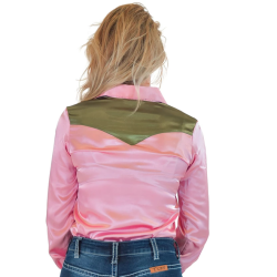 Cowgirl Tuff Pullover Button-Up : Champagne Pink with Moss Green Satin with Embroidered Flowers
