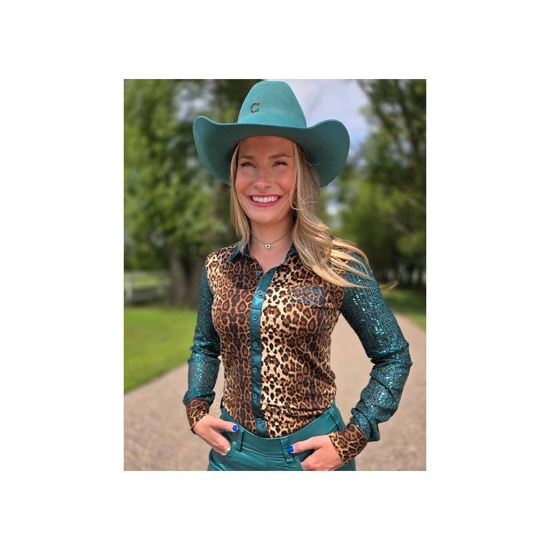 Cowgirl Tuff Pullover Button-Up : Leopard Jersey & Emerald Satin with Emerald Sequin Sheer Sleeves