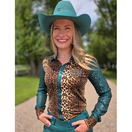Cowgirl Tuff Pullover Button-Up : Leopard Jersey & Emerald Satin with Emerald Sequin Sheer Sleeves