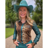 Cowgirl Tuff Pullover Button-Up : Leopard Jersey & Emerald Satin with Emerald Sequin Sheer Sleeves