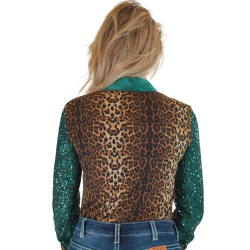 Cowgirl Tuff Pullover Button-Up : Leopard Jersey & Emerald Satin with Emerald Sequin Sheer Sleeves