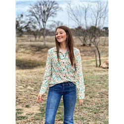 Ritzy Gypsy Turquoise Floral Button Down Ladies Shirt
