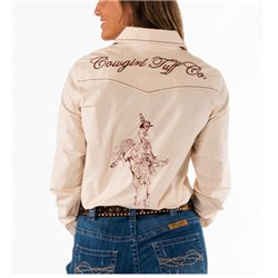 Cowgirl Tuff Pullover Button Down Cream Shirt with Embroidered Bucking Horse