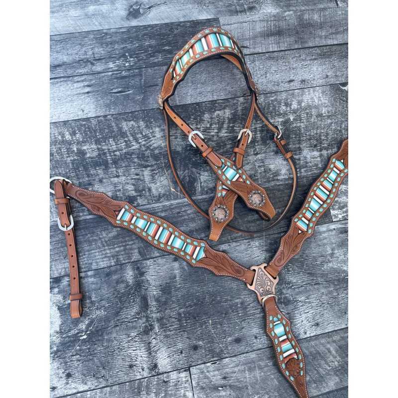 Teal Serape Headstall and Breast Collar Set