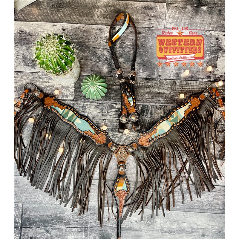 Pendleton Tucson Aqua Fringe Headstall & Breast Collar