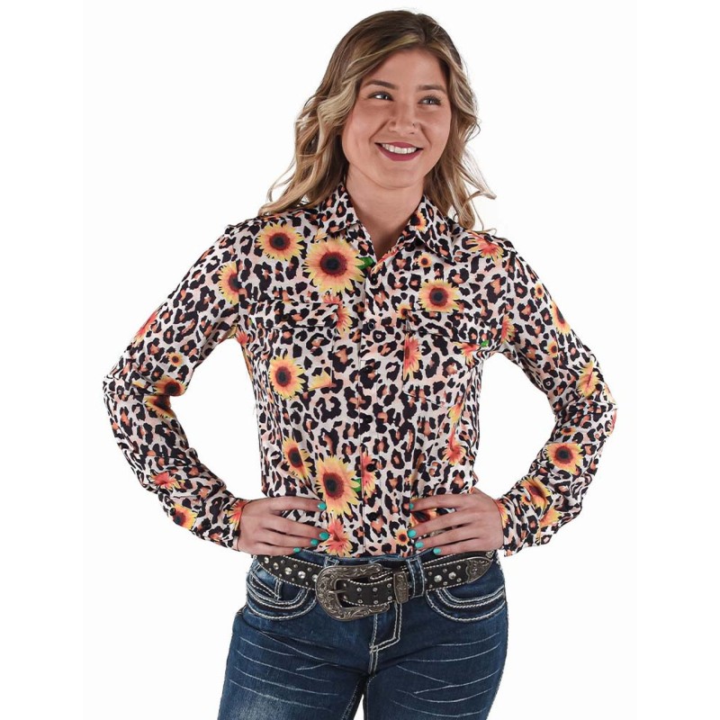 Cowgirl Tuff Leopard Sunflower Pullover Buton Up Shirt Size XS