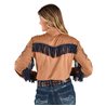 Cowgirl Tuff Pullover Button Up: Tan with Blue Fringe