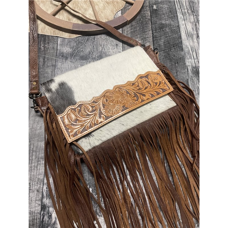 American Darling Brown & White Hide and Fringe Purse