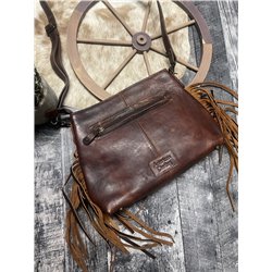 American Darling Mahogany & Cream Cowhide with Turquoise & Brown Tooled Leather Aztec Fringed Purse