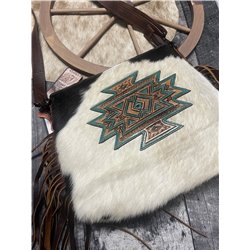 American Darling Mahogany & Cream Cowhide with Turquoise & Brown Tooled Leather Aztec Fringed Purse